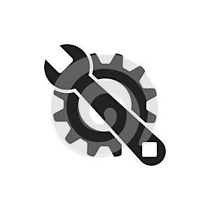 Service tools flat vector icon. Cogwheel with wrench symbol logo