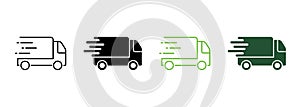 Service Truck Silhouette and Line Icon. Fast Van Shipping Order Pictogram. Express Free Delivery Service Car Courier