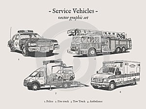 Service vehicles vintage vector illustration set