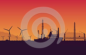 Service vessel ship with operation petroleum platform on orange gradient background