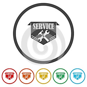 Service work repair label or logo. Set icons in color circle buttons