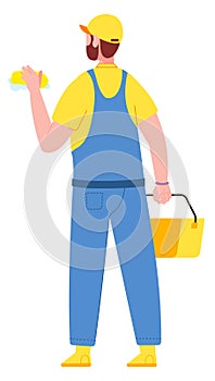 Service worker cleaning. Man in uniform hold water bucket and sponge