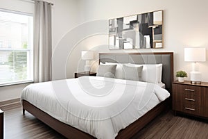 serviced apartment bedroom with neutral color scheme and king sized bed photo