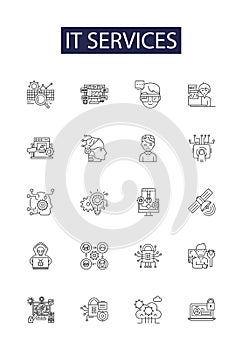 It services line vector icons and signs. Services, Consulting, Support, Network, Security, Integration, Outsourcing