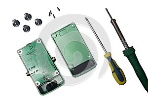 Services for the production of electronics and repair on a white background. Electronic board components and soldering iron