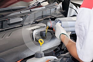 Servicing mechanic pouring new oil lubricant into the car engine photo