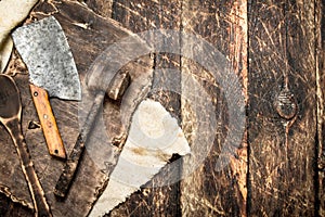 Serving background. Old kitchen tools cutting Board.