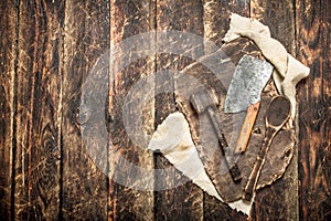 Serving background. Old kitchen tools cutting Board.