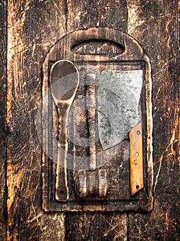 Serving background. Old kitchen tools cutting Board.