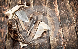 Serving background. Old kitchen tools cutting Board.
