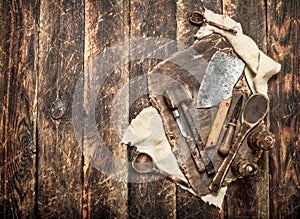 Serving background. Old kitchen tools cutting Board.