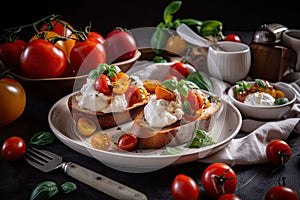 serving of brushetta with juicy cherry tomatoes, fragrant basil and creamy burrata cheese