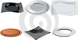 Serving catering dishes plates of various shapes for flat foods and black and white bottoms