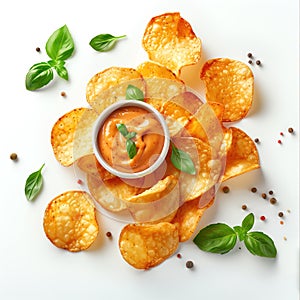 Serving of crispy golden potato chips, seasoned with fresh basil and peppercorns, accompanied with rose sauce. Generative AIp