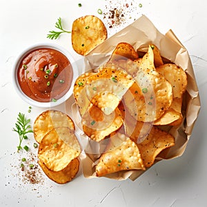 Serving of crispy, spicy potato chips in parchment paper, seasoned with green herbs, accompanied ketchup. Generative AI