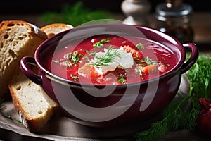 A serving of customary Ukrainian borscht is displayed in a bowl, reflecting Ukraine\'s culinary heritage. Generative AI