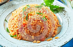 Serving of delicious Greek tomato rice pilaf