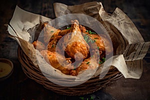 A serving of fresh hot wings with bleu cheese sauce, served in a newsprint basket. Generative AI