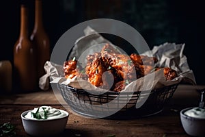 A serving of fresh hot wings with bleu cheese sauce, served in a newsprint basket. Generative AI