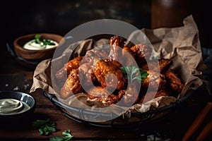 A serving of fresh hot wings with bleu cheese sauce, served in a newsprint basket. Generative AI