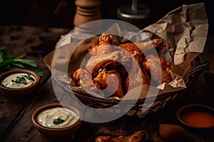 A serving of fresh hot wings with bleu cheese sauce, served in a newsprint basket. Generative AI