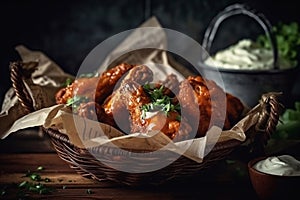 A serving of fresh hot wings with bleu cheese sauce, served in a newsprint basket. Generative AI