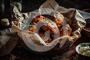 A serving of fresh hot wings with bleu cheese sauce, served in a newsprint basket. Generative AI