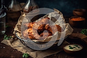 A serving of fresh hot wings with bleu cheese sauce, served in a newsprint basket. Generative AI