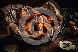 A serving of fresh hot wings with bleu cheese sauce, served in a newsprint basket. Generative AI