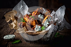 A serving of fresh hot wings with bleu cheese sauce, served in a newsprint basket. Generative AI