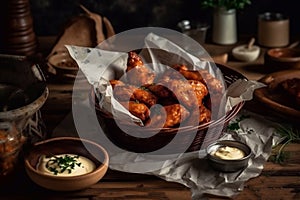 A serving of fresh hot wings with bleu cheese sauce, served in a newsprint basket. Generative AI