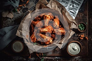 A serving of fresh hot wings with bleu cheese sauce, served in a newsprint basket. Generative AI