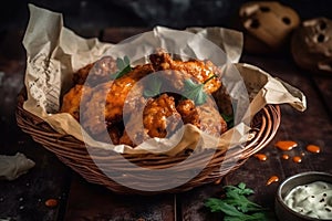 A serving of fresh hot wings with bleu cheese sauce, served in a newsprint basket. Generative AI