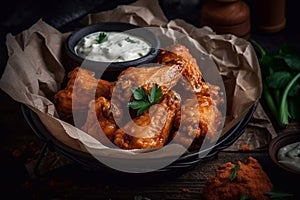 A serving of fresh hot wings with bleu cheese sauce, served in a newsprint basket. Generative AI