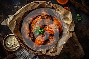 A serving of fresh hot wings with bleu cheese sauce, served in a newsprint basket. Generative AI