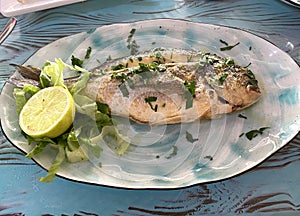 serving fried sea bass fish on a plate with lemon and herbs.