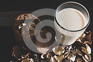 Serving healthy morning breakfast with a fresh milk in a glass and Pile of Delicious Chocolate homemade Chip Cookies on a vintage