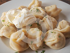 Serving of large traditional Russian style dumplings with meat an sour cream on a white plate, close up