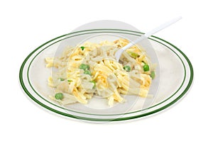 Serving of linguine with peas on plate with fork