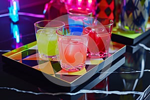 serving neoncolored drinks on a geometricpatterned tray