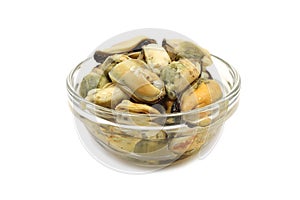 A serving of pickled sea mussels in a glass bowl
