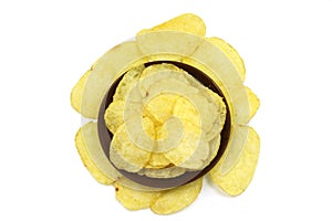 Serving of potato chips in a wooden plate
