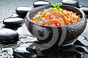 Serving of salmon tartar in a black stone bowl on a background with black stones, Zen style