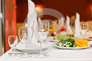 Serving table prepared for event party or wedding. Soft focus, s