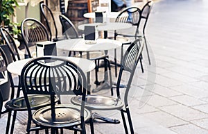 Serving on the table on terrace in the restaurant in Catania, Sicily, Italy, setting for diner