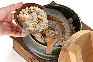 Serving takikomi gohan (japanese mixed rice)