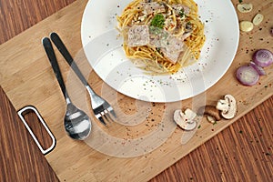 Serving top view of spaghetti carbonara lunch dinner meal