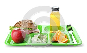 Serving tray with healthy food on white background