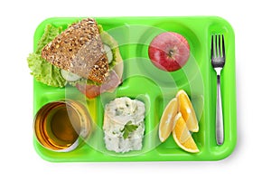 Serving tray with healthy food on white background,