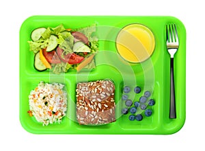 Serving tray with healthy food on white background,